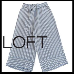 New LOFT Blue/White Stripe PaperBag Waist Belted Wide Leg Crop Culotte Pants (S)